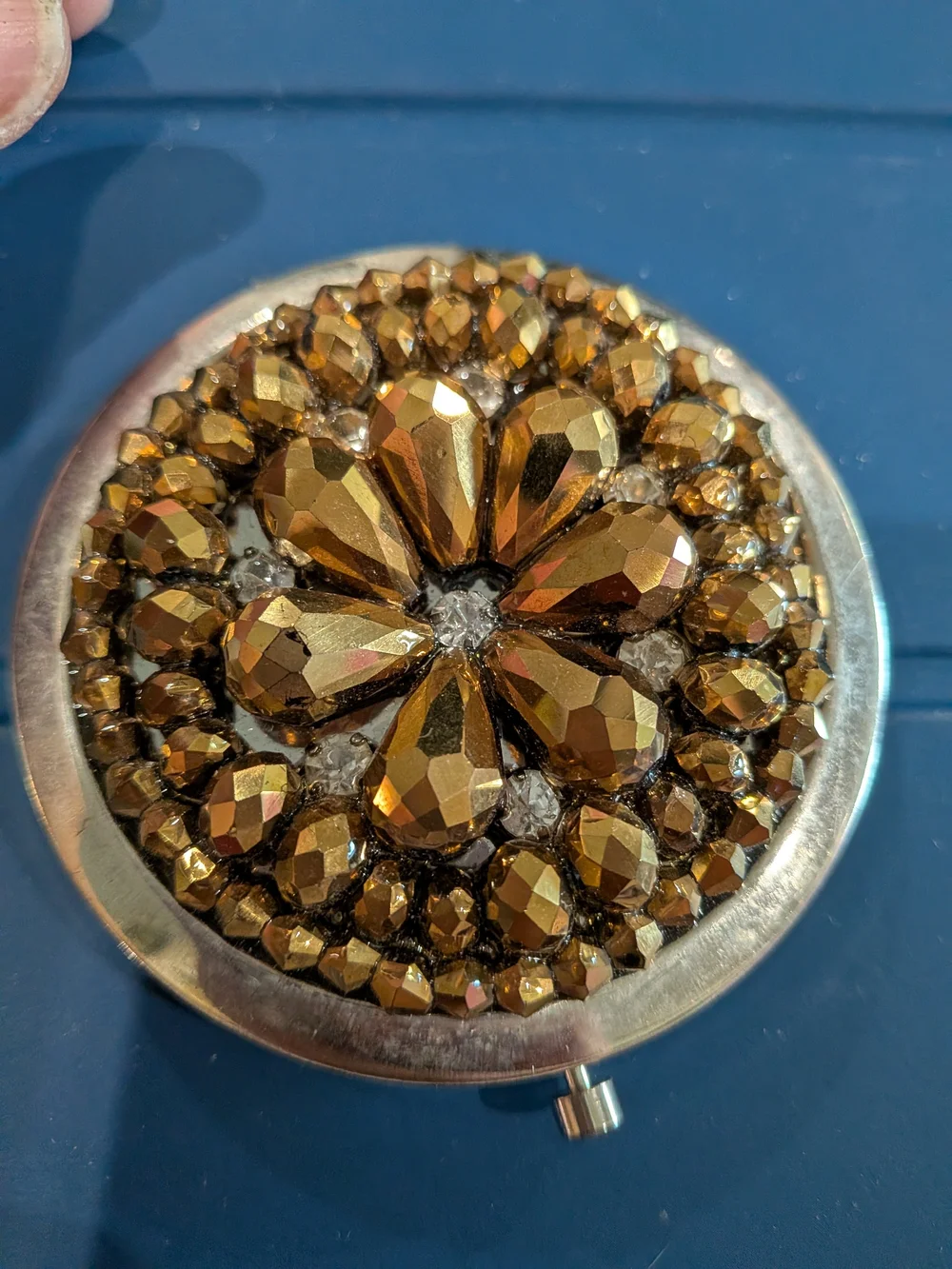 Vintage Crystal Accent Gold Compact Mirror